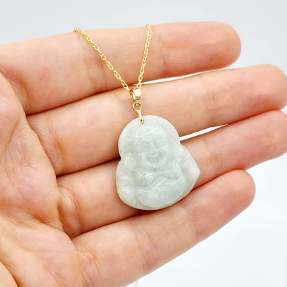 Gold Genuine Green Jade Buddha Pendant Necklace, 14K Yellow Gold Men's Laughing Buddha Green Jade Pendant, Jade Hand Crafted Necklace