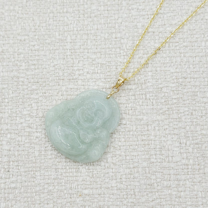 Gold Genuine Green Jade Buddha Pendant Necklace, 14K Yellow Gold Men's Laughing Buddha Green Jade Pendant, Jade Hand Crafted Necklace