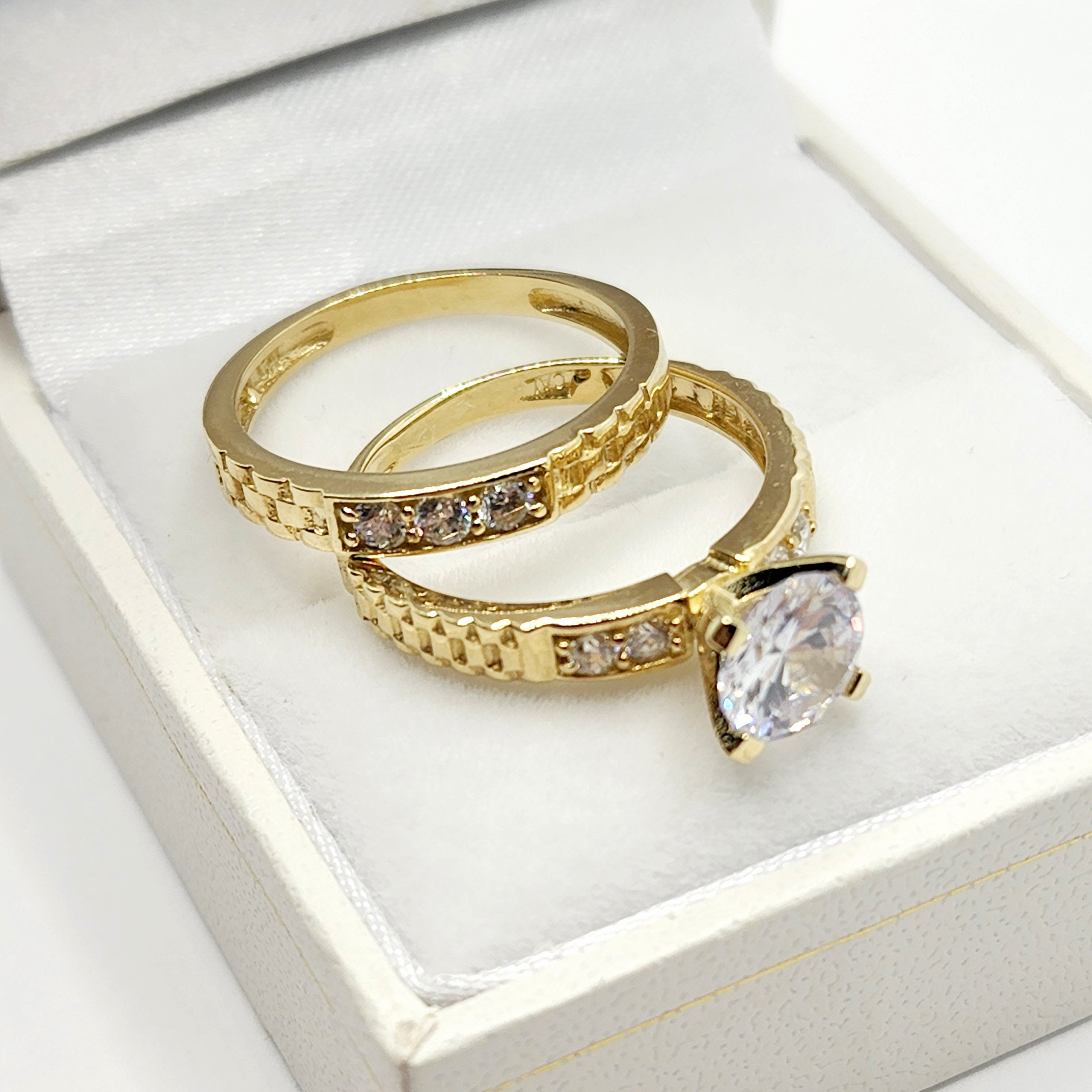Gold Engagement Ring | 10K Yellow Gold Cubic Zirconia Set of Rings | Matching Ring Set