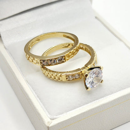 Gold Engagement Ring | 10K Yellow Gold Cubic Zirconia Set of Rings | Matching Ring Set
