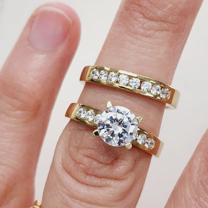Gold Engagement Ring | 10K Yellow Gold Cubic Zirconia Set of Rings | Matching Ring Set