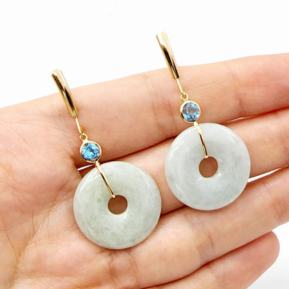 Gold Jade Drop Earrings, 14K Yellow Gold Jade Disc Earrings with Genuine Gemstones, Green Jade Jewelry, Gemstone Earrings