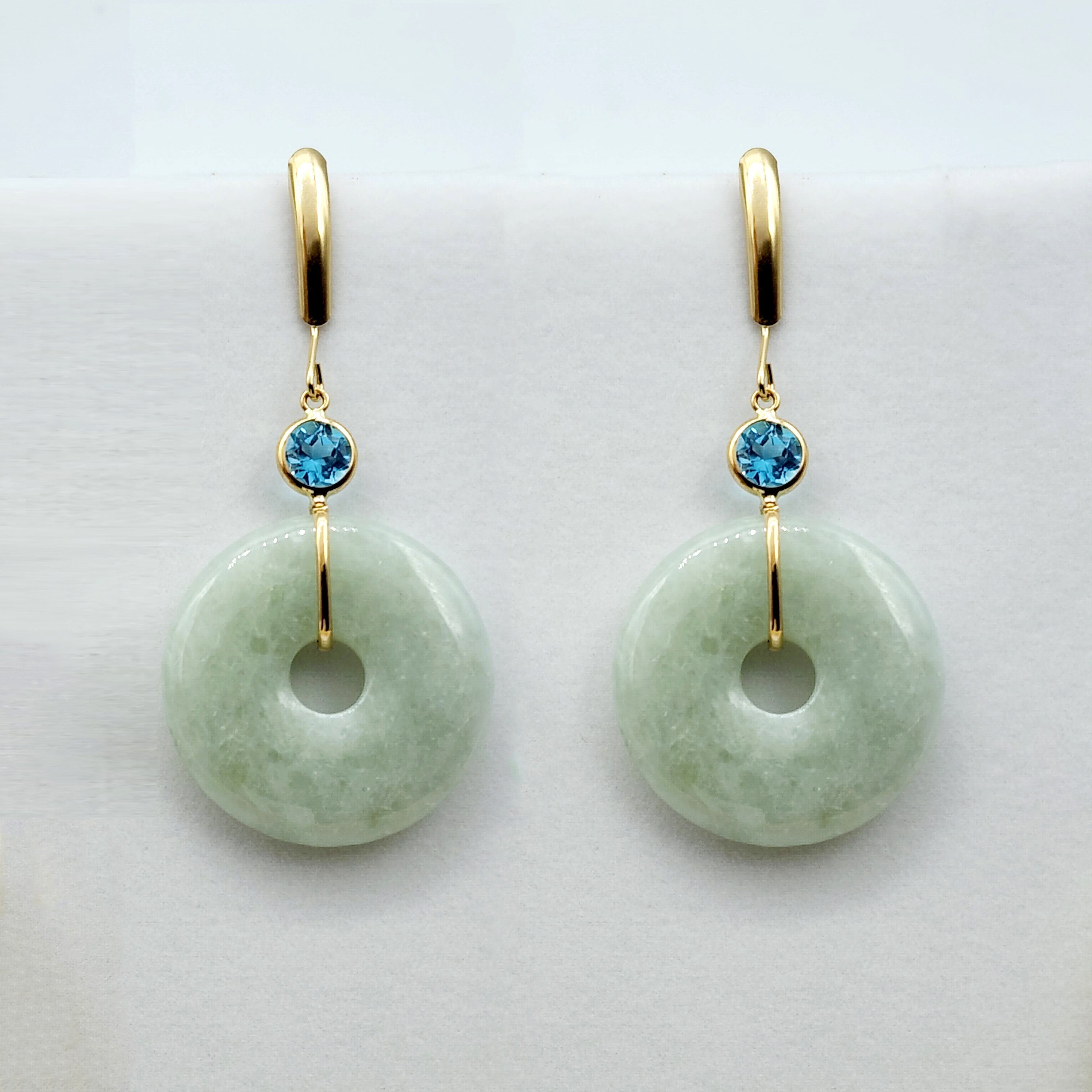 Gold Jade Drop Earrings, 14K Yellow Gold Jade Disc Earrings with Genuine Gemstones, Green Jade Jewelry, Gemstone Earrings