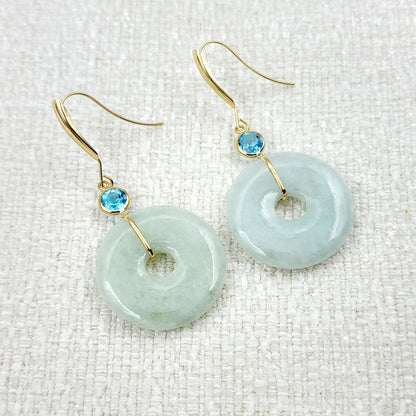 Gold Jade Drop Earrings, 14K Yellow Gold Jade Disc Earrings with Genuine Gemstones, Green Jade Jewelry, Gemstone Earrings