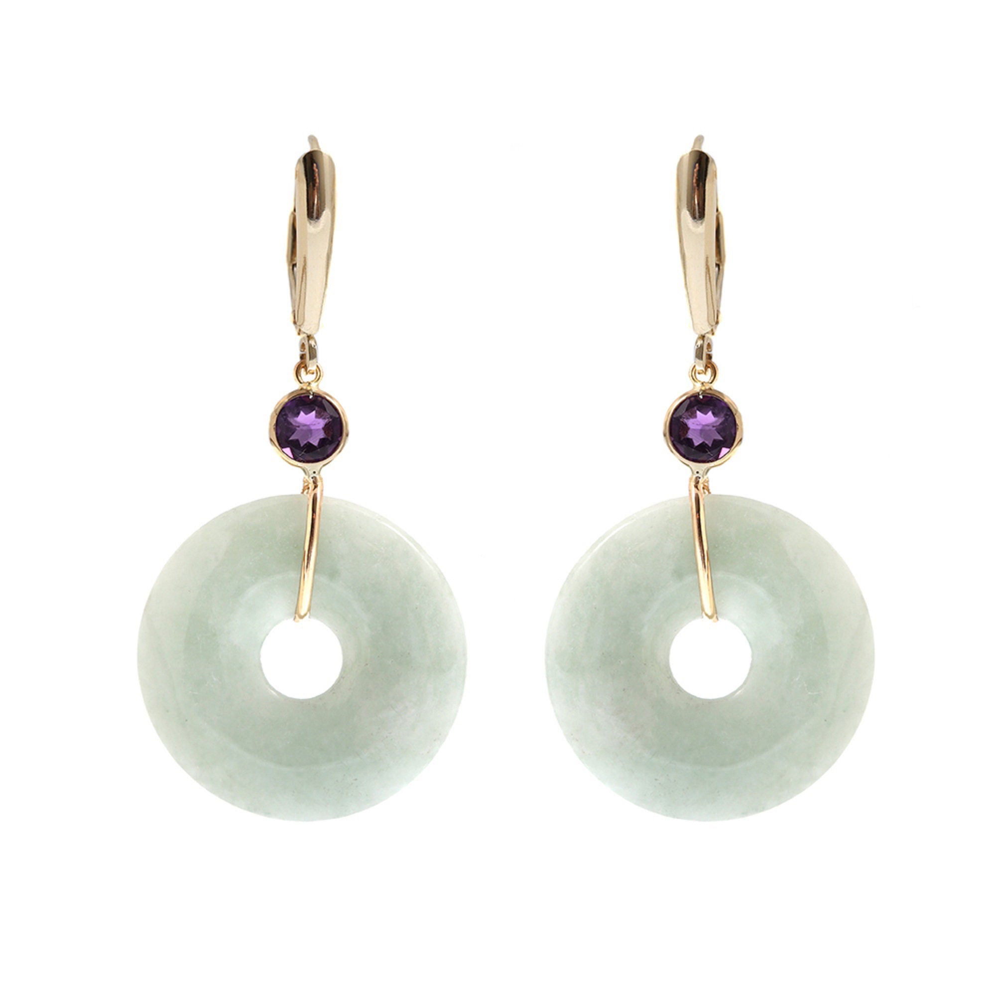 Gold Jade Drop Earrings, 14K Yellow Gold Jade Disc Earrings with Genuine Gemstones, Green Jade Jewelry, Gemstone Earrings