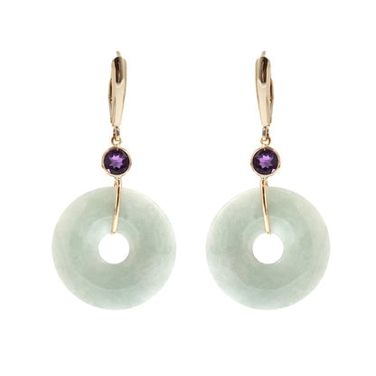 Gold Jade Drop Earrings, 14K Yellow Gold Jade Disc Earrings with Genuine Gemstones, Green Jade Jewelry, Gemstone Earrings