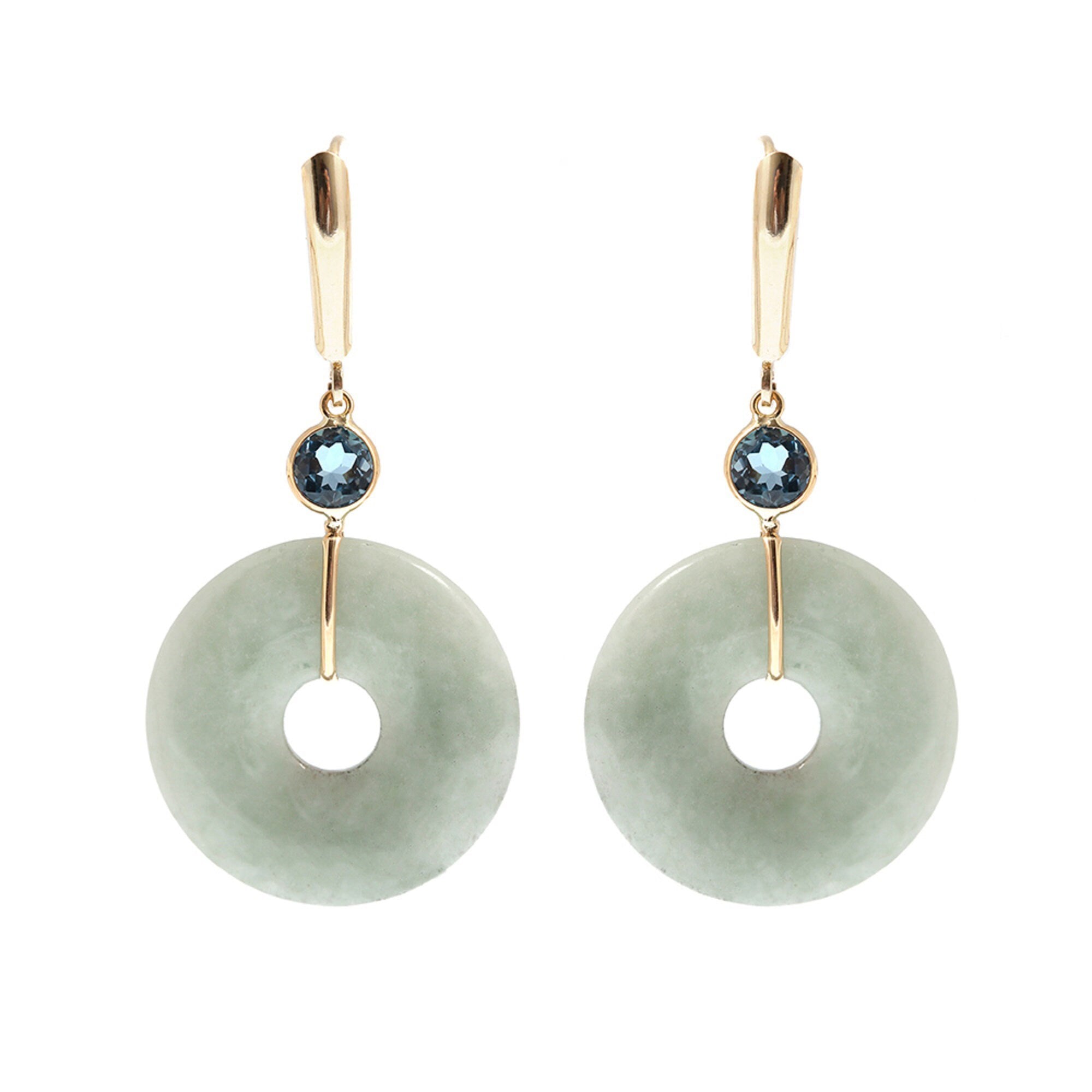 Gold Jade Drop Earrings, 14K Yellow Gold Jade Disc Earrings with Genuine Gemstones, Green Jade Jewelry, Gemstone Earrings