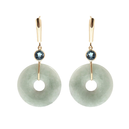 Gold Jade Drop Earrings, 14K Yellow Gold Jade Disc Earrings with Genuine Gemstones, Green Jade Jewelry, Gemstone Earrings