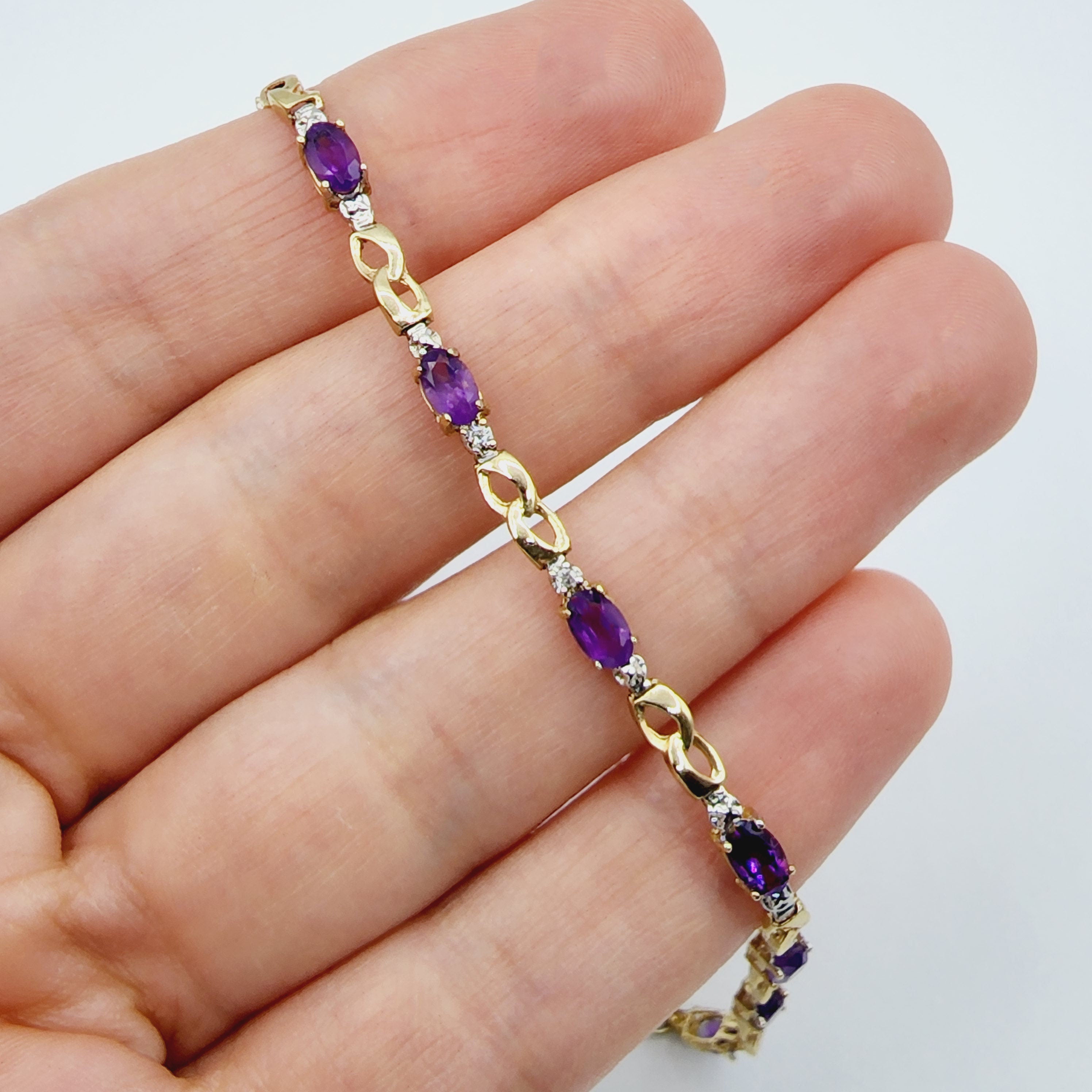 Gold Amethyst Bracelet, 10K Yellow Gold Natural Amethyst 2.3ct with Diamond Bracelet, February Birthstone, Gift Bracelet for women