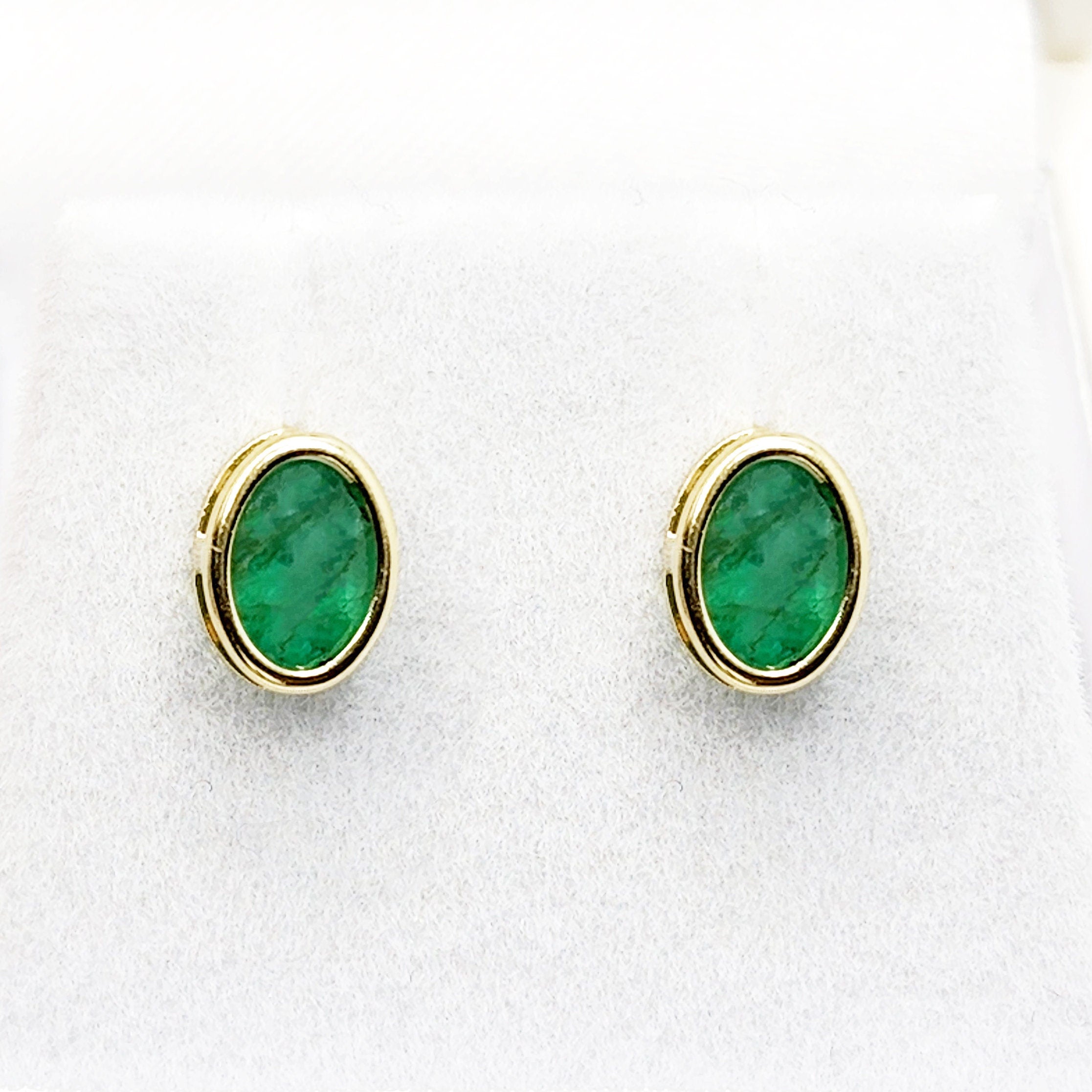 Gold Natural Emerald Stud Earrings , 14K Yellow Gold Emerald 7x5mm Bezel Stud Earrings, May Birthstone Jewelry, Genuine Emerald