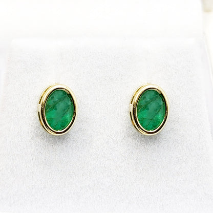 Gold Natural Emerald Stud Earrings , 14K Yellow Gold Emerald 7x5mm Bezel Stud Earrings, May Birthstone Jewelry, Genuine Emerald