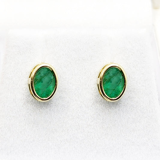Gold Natural Emerald Stud Earrings , 14K Yellow Gold Emerald 7x5mm Bezel Stud Earrings, May Birthstone Jewelry, Genuine Emerald