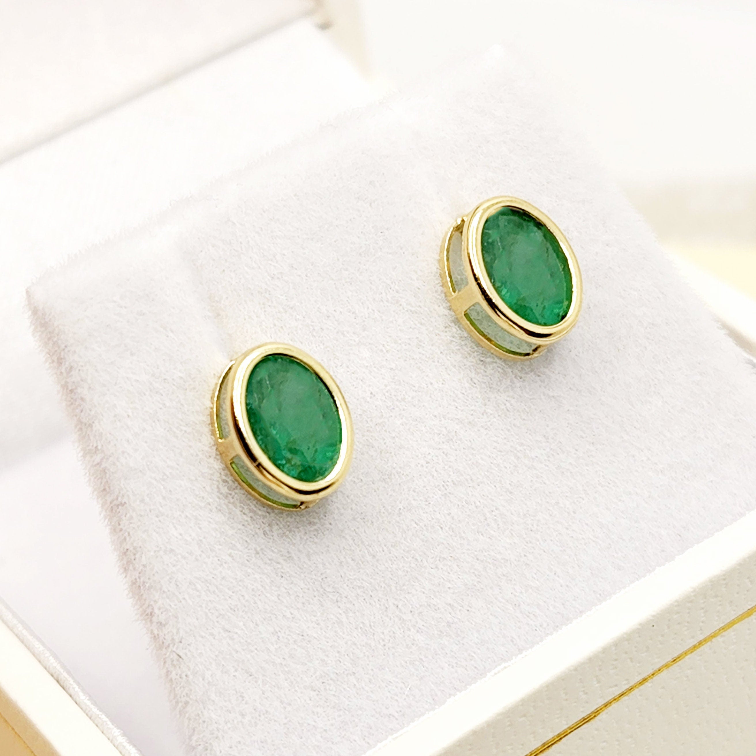 Gold Natural Emerald Stud Earrings , 14K Yellow Gold Emerald 7x5mm Bezel Stud Earrings, May Birthstone Jewelry, Genuine Emerald
