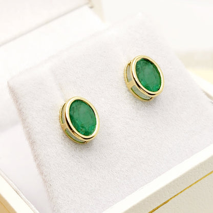 Gold Natural Emerald Stud Earrings , 14K Yellow Gold Emerald 7x5mm Bezel Stud Earrings, May Birthstone Jewelry, Genuine Emerald