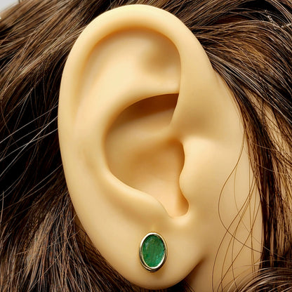 Gold Natural Emerald Stud Earrings , 14K Yellow Gold Emerald 7x5mm Bezel Stud Earrings, May Birthstone Jewelry, Genuine Emerald