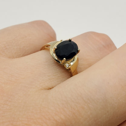 Gold Blue Sapphire Ring, 10K Yellow Gold Natural Blue Sapphire 8x6mm with Diamonds Ring, September Birthstone Gift For Women