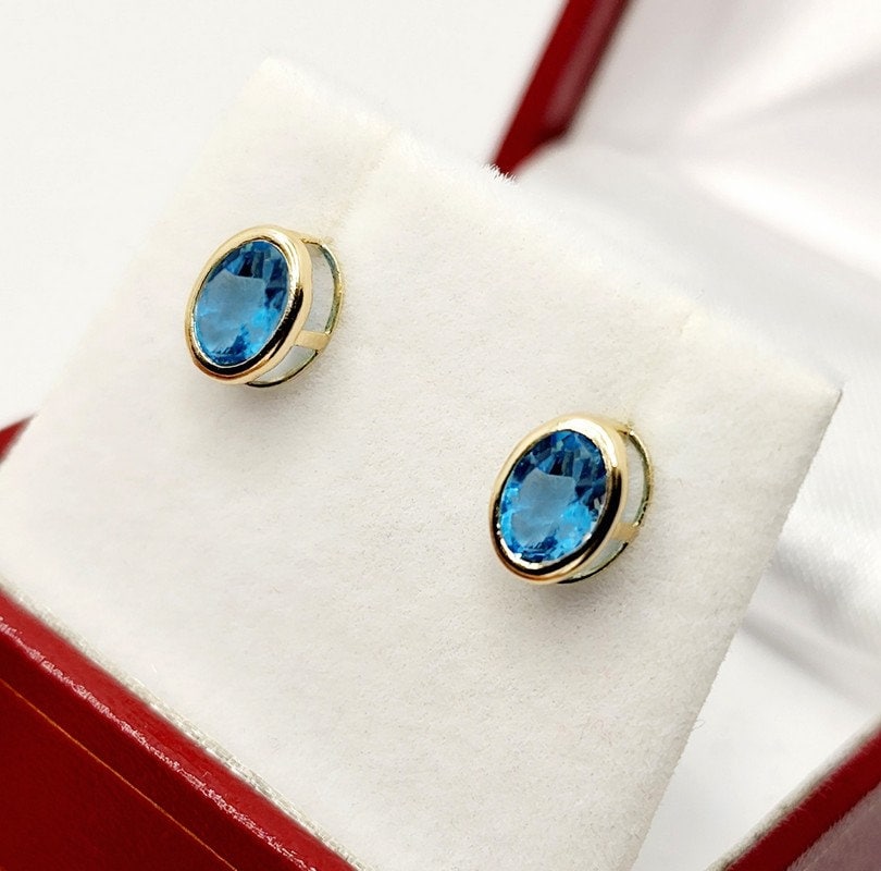 Gold Blue Topaz Bezel Stud Earrings, 14K Yellow Gold Genuine Blue Topaz 8x6mm Stud Earrings, Earrings For Women, Gift For Her