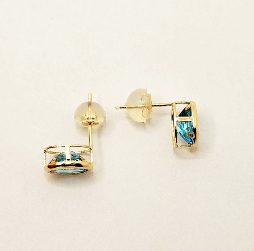 Gold Blue Topaz Bezel Stud Earrings, 14K Yellow Gold Genuine Blue Topaz 8x6mm Stud Earrings, Earrings For Women, Gift For Her