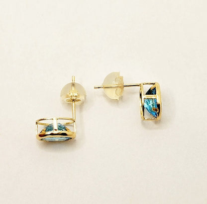 Gold Blue Topaz Bezel Stud Earrings, 14K Yellow Gold Genuine Blue Topaz 8x6mm Stud Earrings, Earrings For Women, Gift For Her