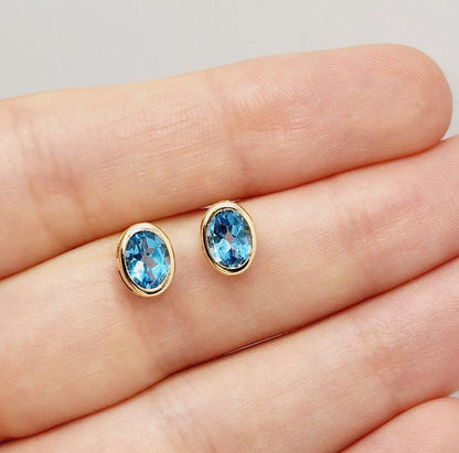 Gold Blue Topaz Bezel Stud Earrings, 14K Yellow Gold Genuine Blue Topaz 8x6mm Stud Earrings, Earrings For Women, Gift For Her