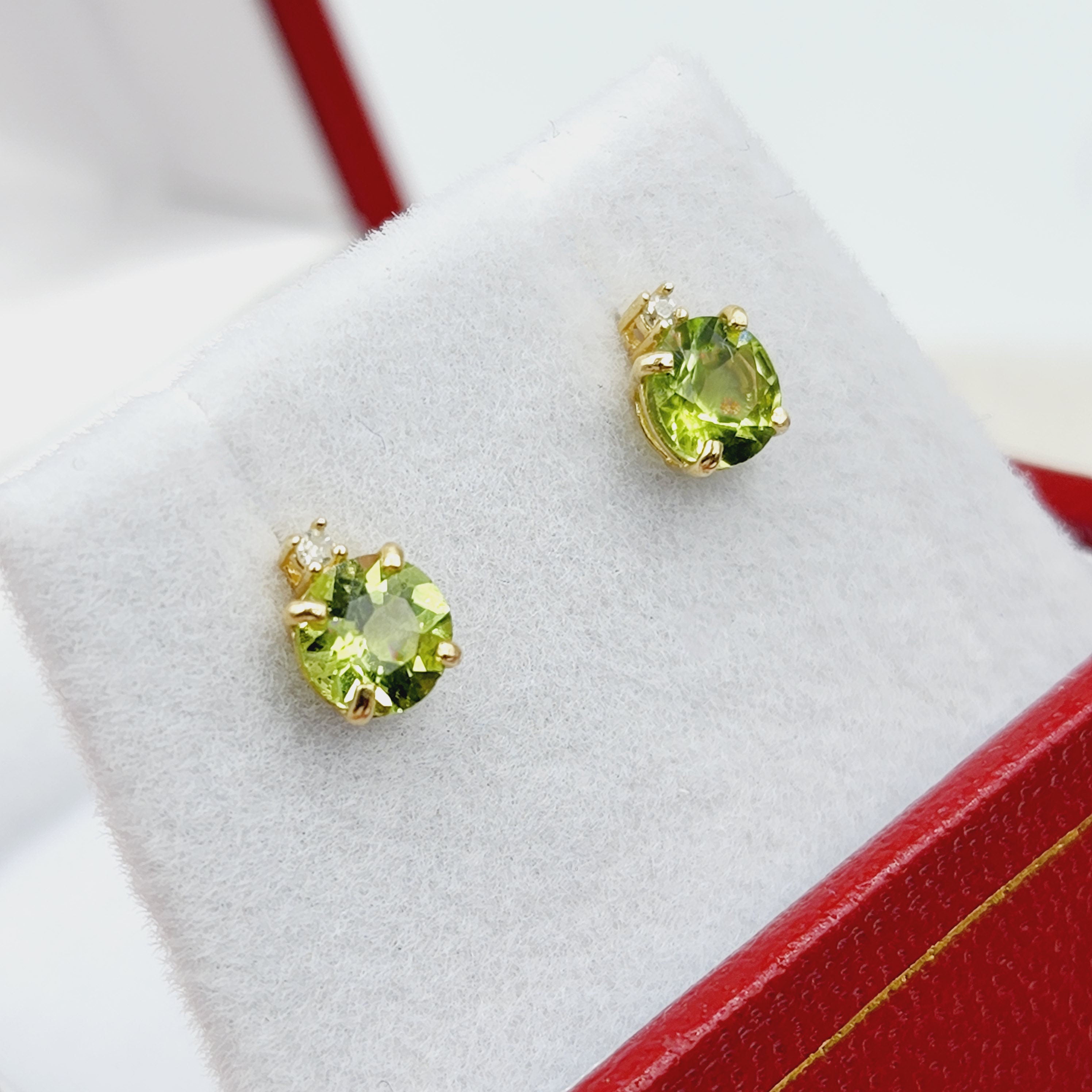 Gold Peridot Stud Earrings, 10K Yellow Gold Peridot 5x5mm with Diamond Stud Earrings, Green Gemstone, August Birthstone Jewelry for Women
