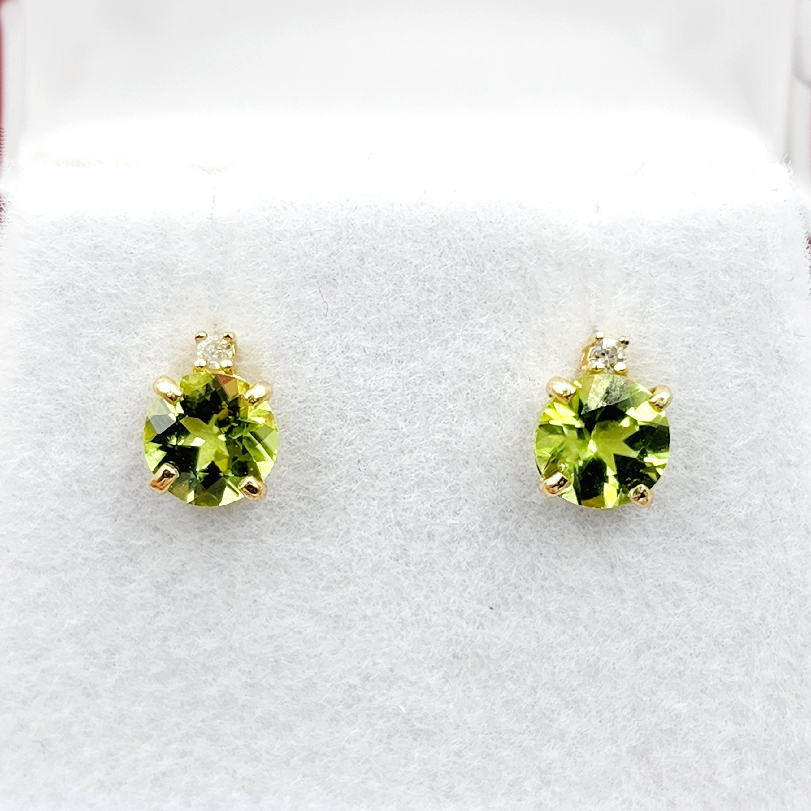 Gold Peridot Stud Earrings, 10K Yellow Gold Peridot 5x5mm with Diamond Stud Earrings, Green Gemstone, August Birthstone Jewelry for Women