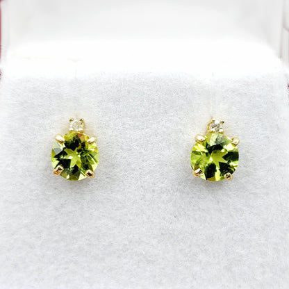 Gold Peridot Stud Earrings, 10K Yellow Gold Peridot 5x5mm with Diamond Stud Earrings, Green Gemstone, August Birthstone Jewelry for Women