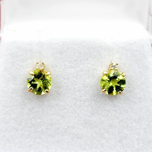 Gold Peridot Stud Earrings, 10K Yellow Gold Peridot 5x5mm with Diamond Stud Earrings, Green Gemstone, August Birthstone Jewelry for Women