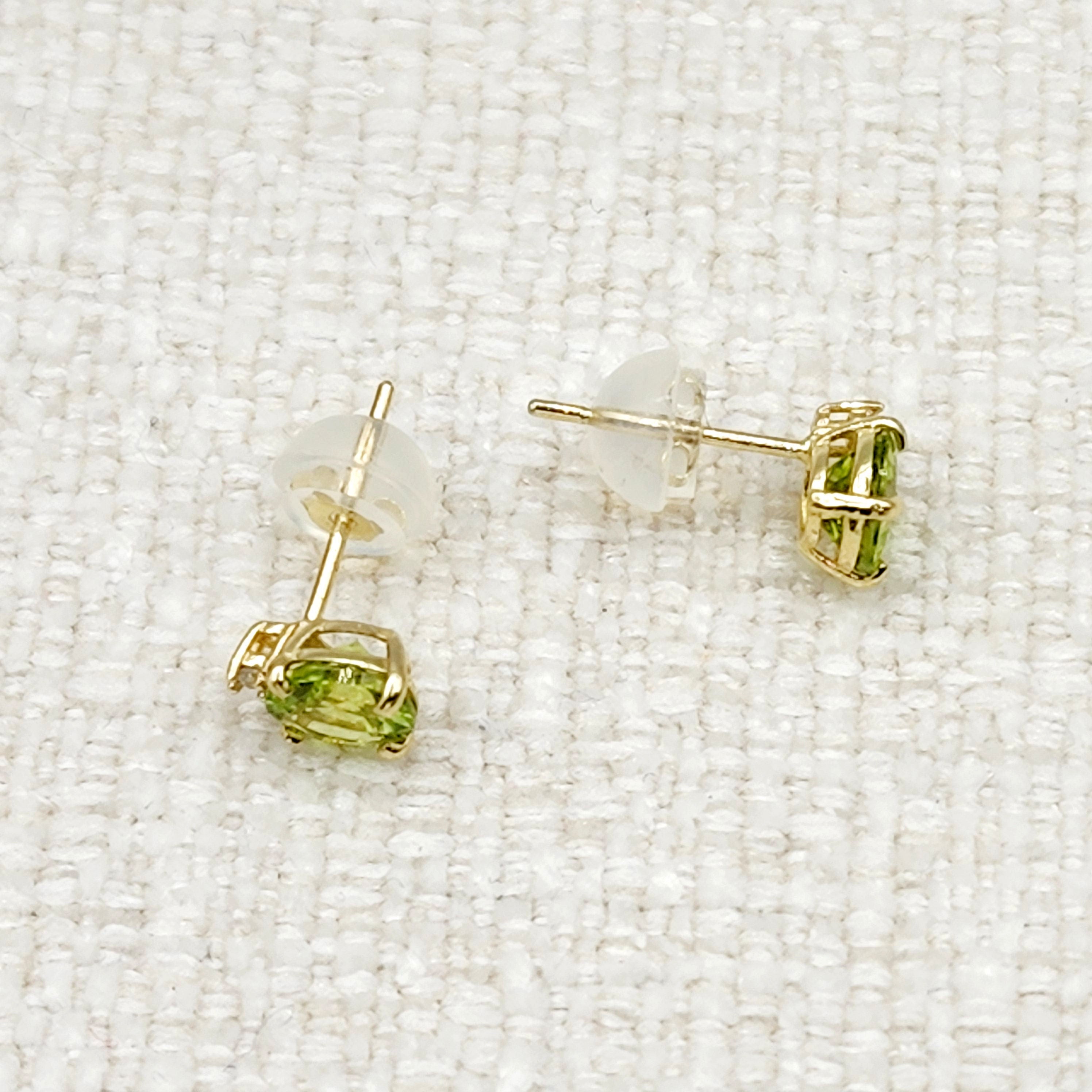Gold Peridot Stud Earrings, 10K Yellow Gold Peridot 5x5mm with Diamond Stud Earrings, Green Gemstone, August Birthstone Jewelry for Women