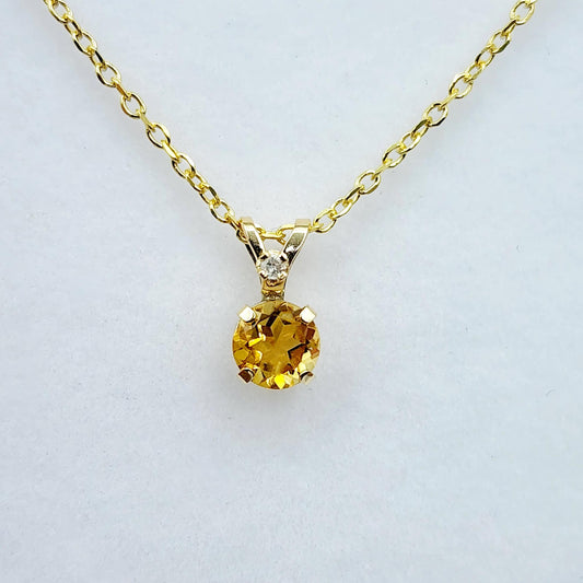 Gold Natural Citrine Pendant Necklace for Women, 10k Yellow Gold Necklace with Citrine 5x5mm and Diamond Pendant for Her, November Gemstone