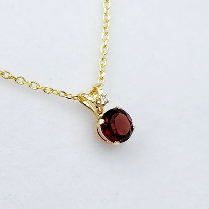 10K Yellow Gold, Garnet Gemstone Pendant, Diamond Accent Elegant Necklace, January Birthstone Jewelry, Glamorous Statement Necklace