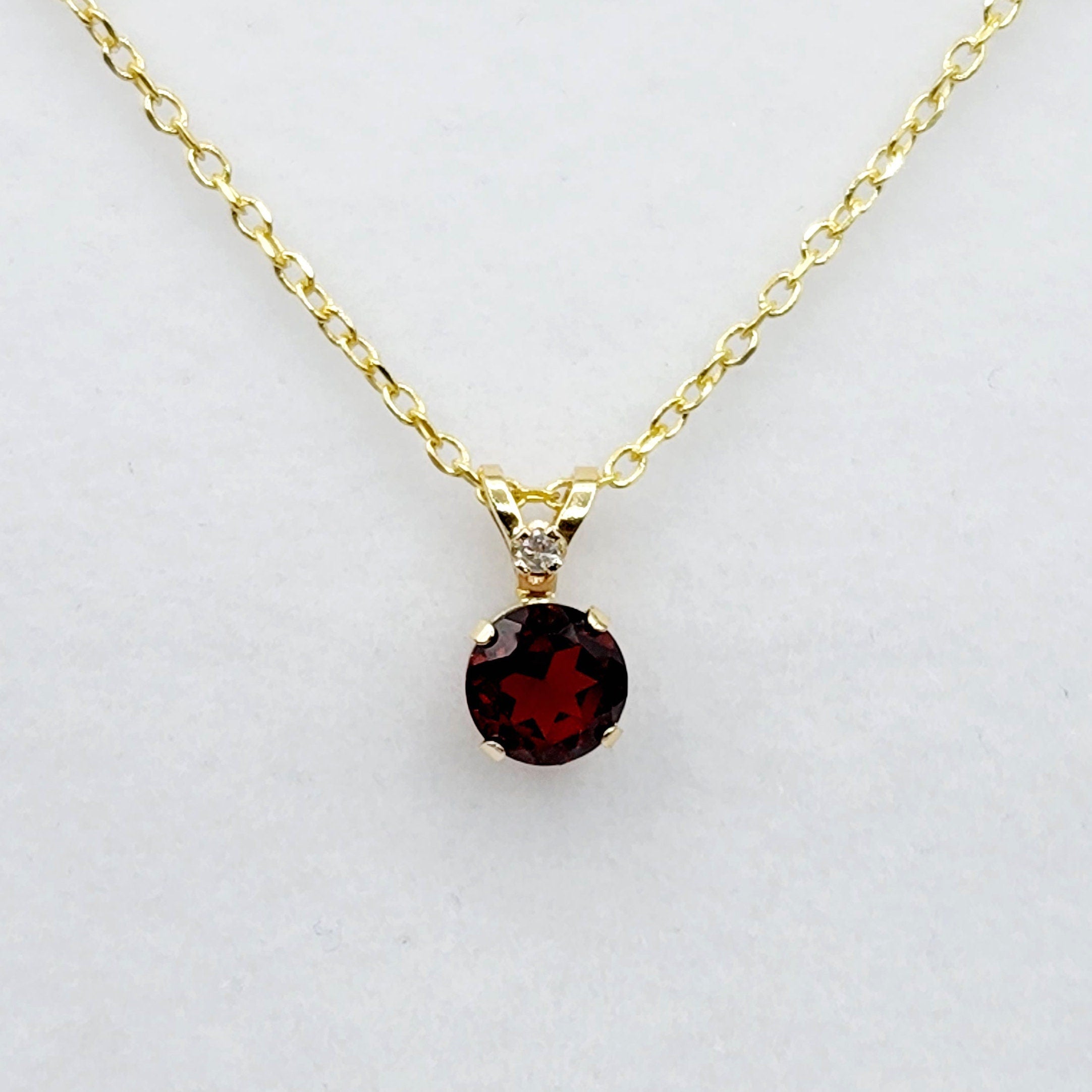 10K Yellow Gold, Garnet Gemstone Pendant, Diamond Accent Elegant Necklace, January Birthstone Jewelry, Glamorous Statement Necklace