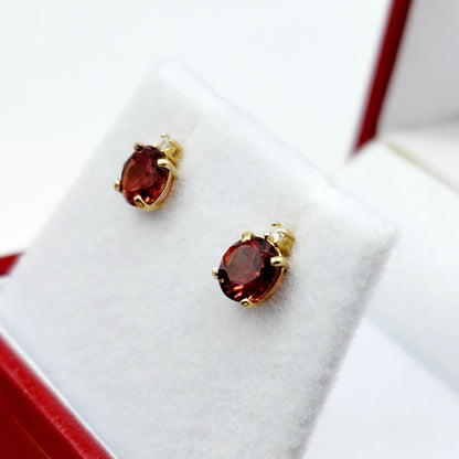 Gold Garnet Stud Earrings, 10K Yellow Gold Genuine Garnet 5x5mm with Diamond Stud Earrings