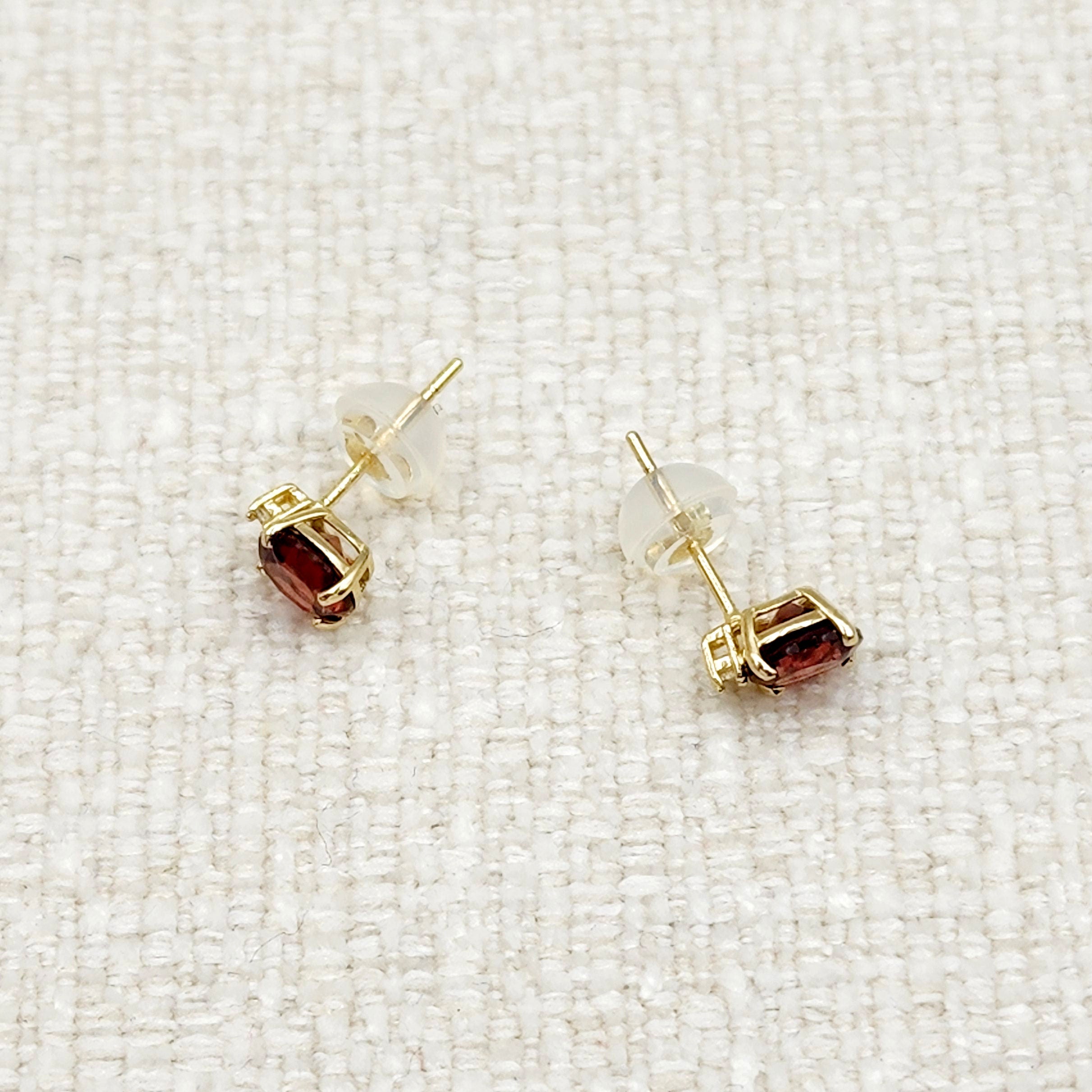 Gold Garnet Stud Earrings, 10K Yellow Gold Genuine Garnet 5x5mm with Diamond Stud Earrings