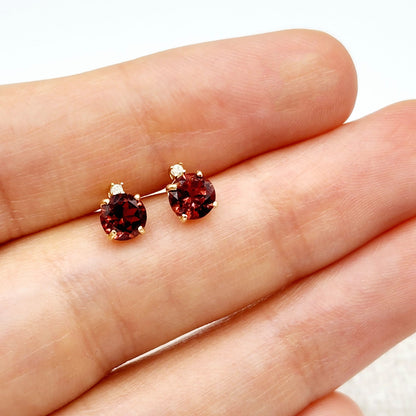 Gold Garnet Stud Earrings, 10K Yellow Gold Genuine Garnet 5x5mm with Diamond Stud Earrings