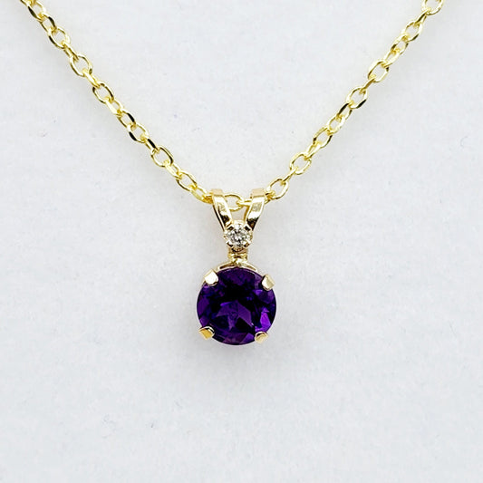 Amethyst Necklace | 10K Yellow Gold Amethyst 0.6ct with Diamond 0.01ct Pendant