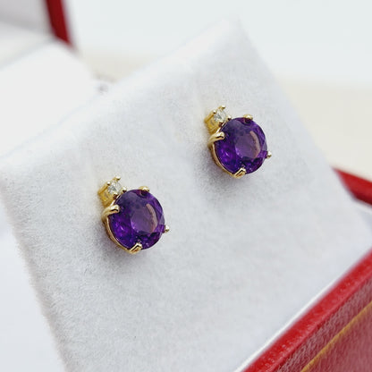 Amethyst Earrings | 10K Yellow Gold Amethyst with Diamond Stud Earrings