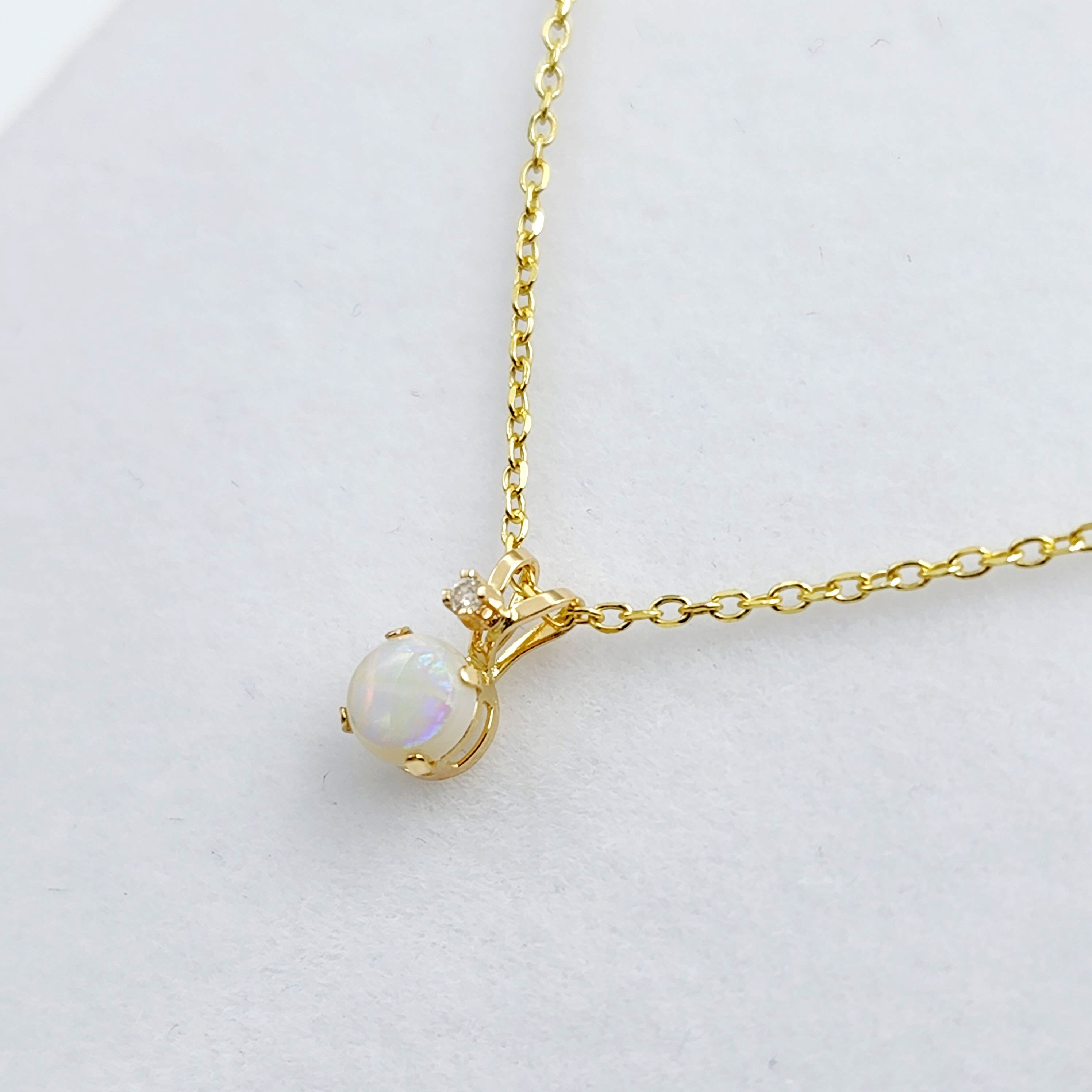 Genuine Opal Necklace | 10K Yellow Gold Opal 0.6ct with Diamond 0.01ct Pendant