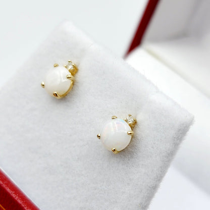 Genuine Opal Earrings | 10K Yellow Gold Opal with Diamond Stud Earrings