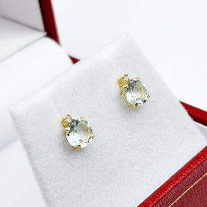 Genuine Aquamarine Earrings | 10K Yellow Gold Aquamarine with Diamond Stud Earrings