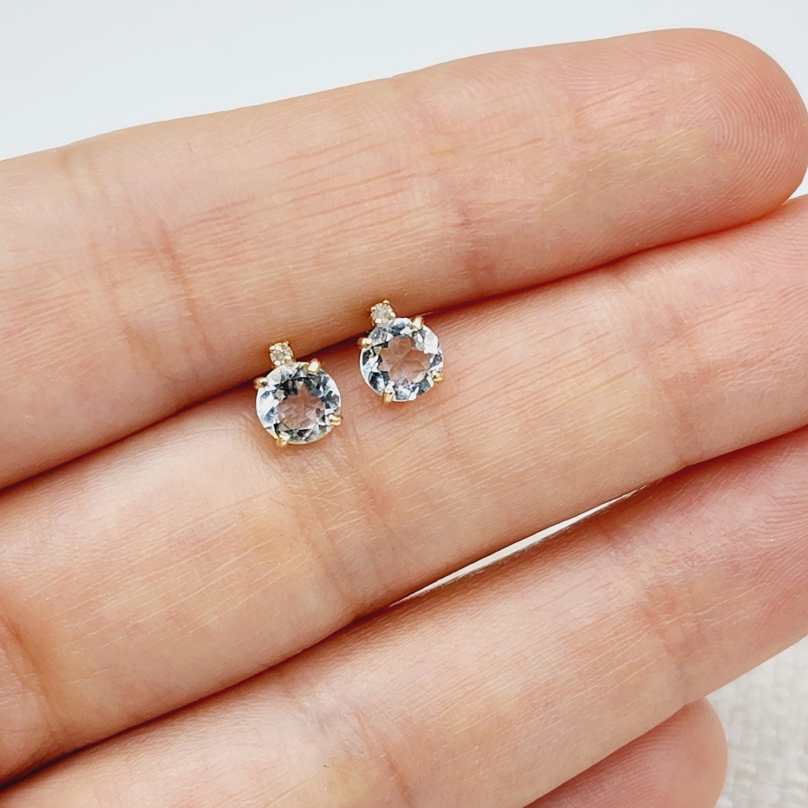 Genuine Aquamarine Earrings | 10K Yellow Gold Aquamarine with Diamond Stud Earrings