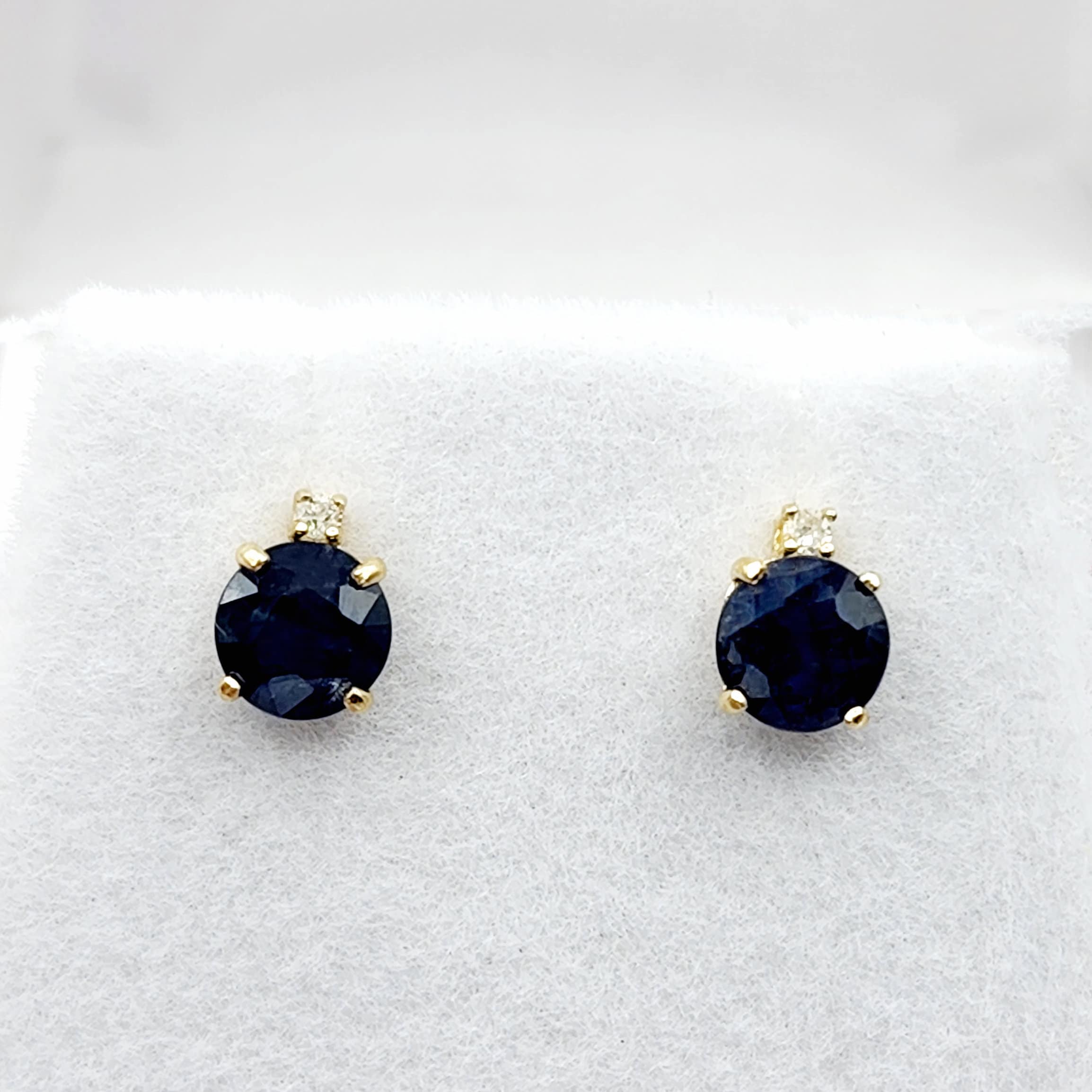Natural Blue Sapphire Earrings | 10K Yellow Gold Blue Sapphire with Diamond Stud Earrings