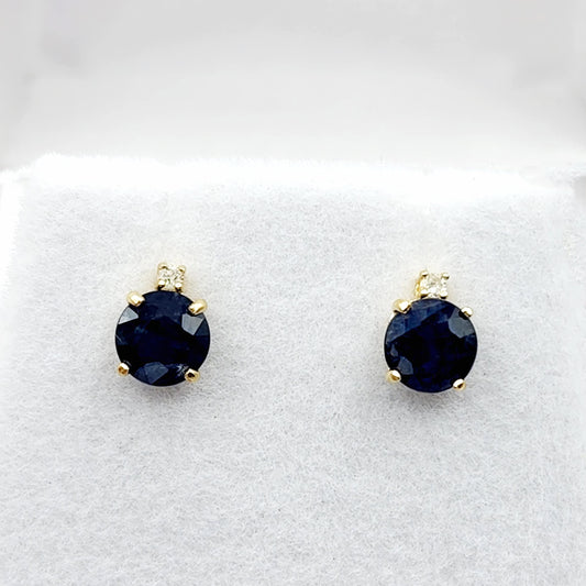 Natural Blue Sapphire Earrings | 10K Yellow Gold Blue Sapphire with Diamond Stud Earrings