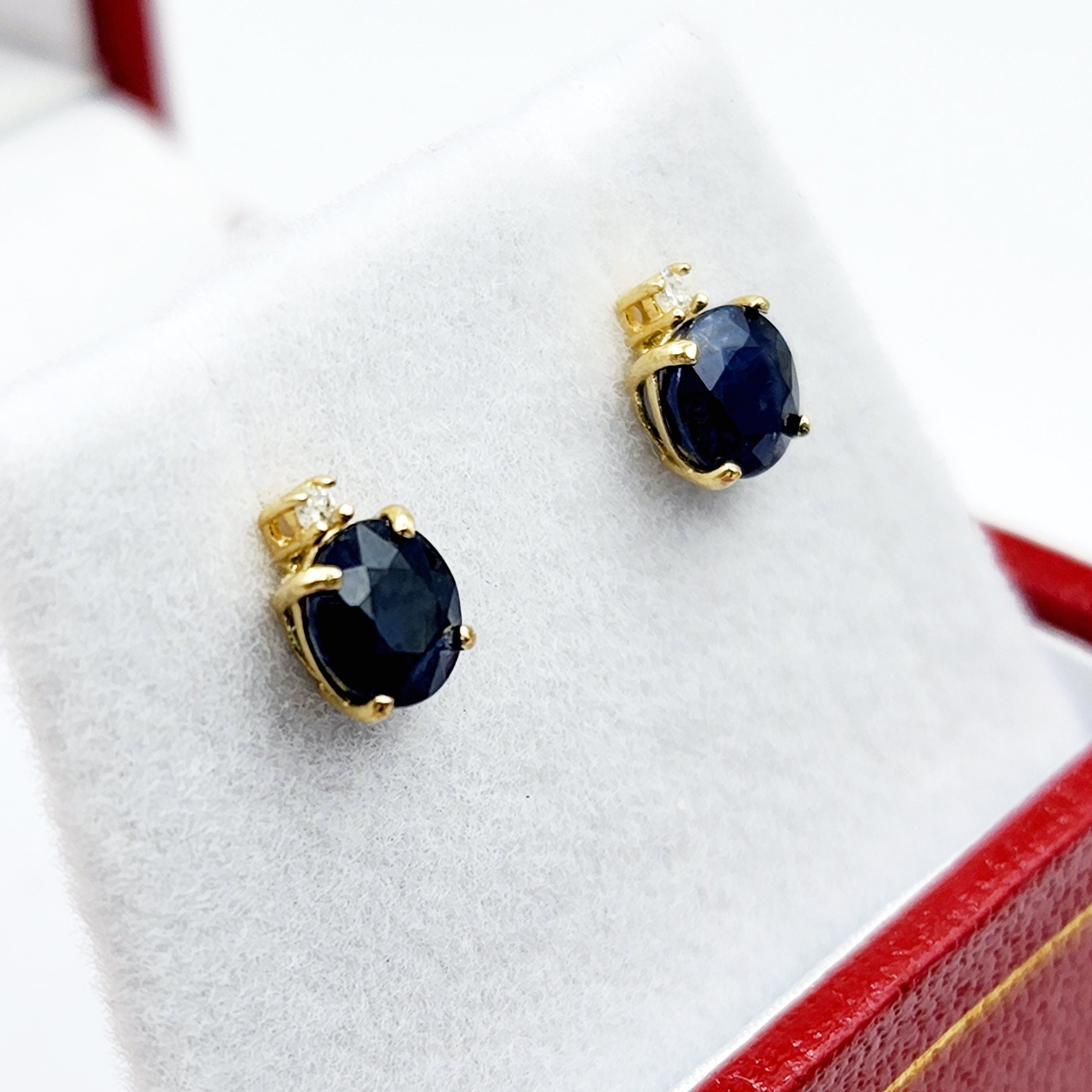 Natural Blue Sapphire Earrings | 10K Yellow Gold Blue Sapphire with Diamond Stud Earrings