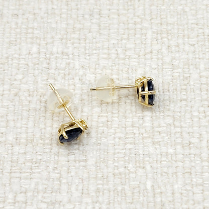 Natural Blue Sapphire Earrings | 10K Yellow Gold Blue Sapphire with Diamond Stud Earrings