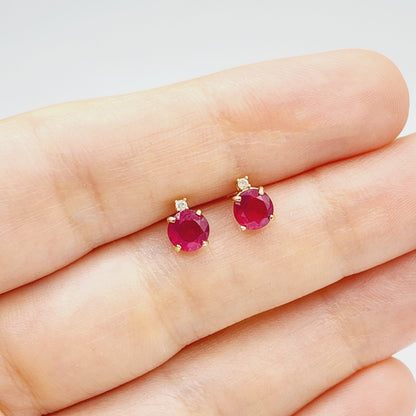 Genuine Ruby Earrings | 10K Yellow Gold Ruby with Diamond Stud Earrings, July Birthstone