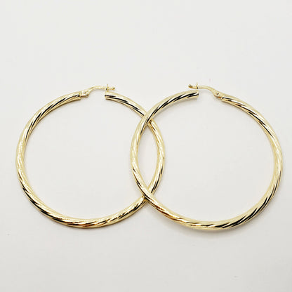 Gold Hoop Texture Earrings, 10K Yellow Gold Circle Earrings 45mm, Trendy Earrings, Large Size Gold Hoops, Textured Thin Light Everyday Hoop
