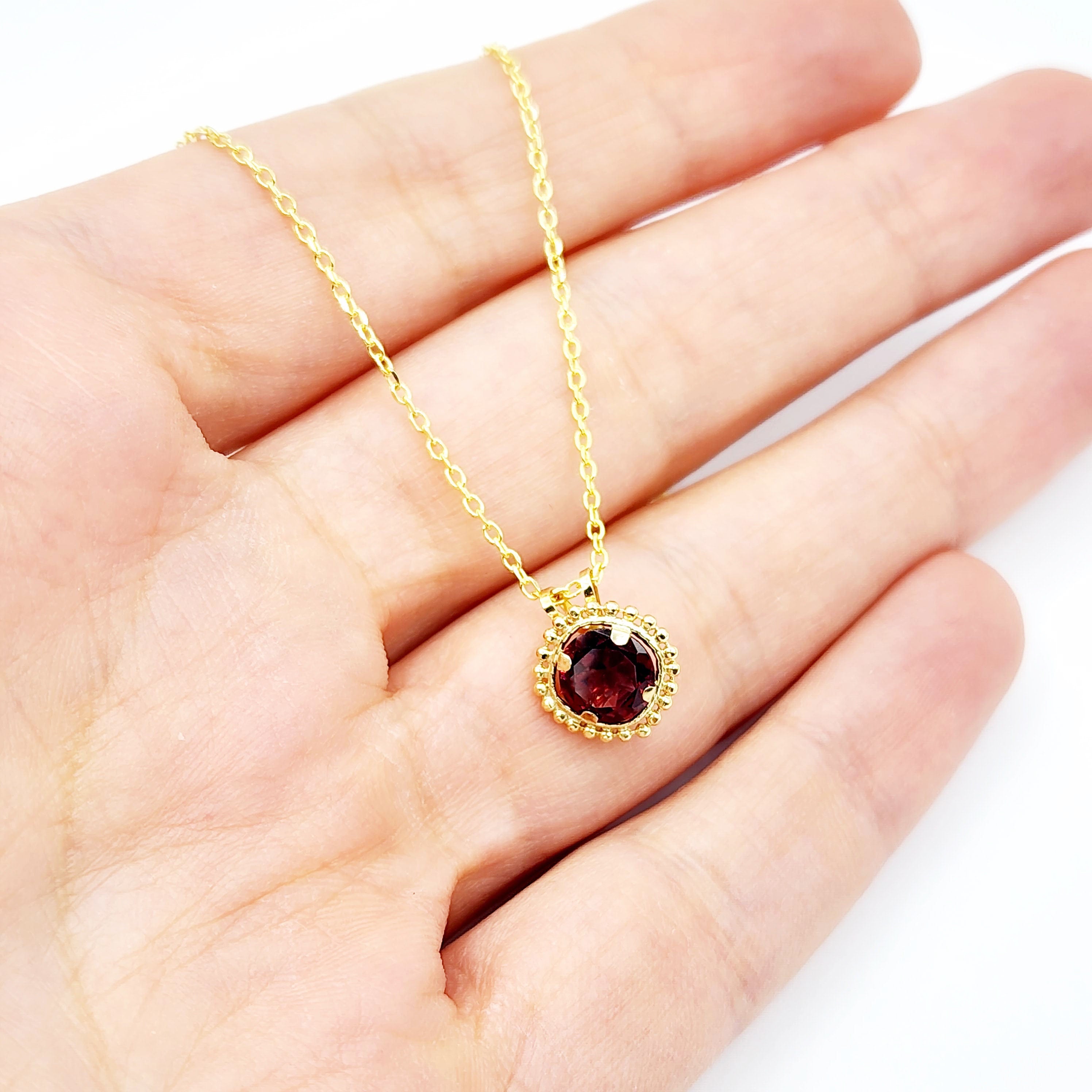10K Yellow Gold Garnet Pendant, Milgrain Gemstone Necklace
