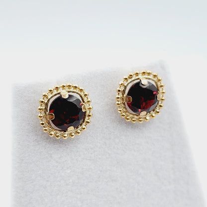 Gold Garnet Earrings, 10K Yellow Gold Milgrain Garnet 6x6mm Stud Earrings, Garnet Earrings for Women, January Birthstone, Milgrain Design
