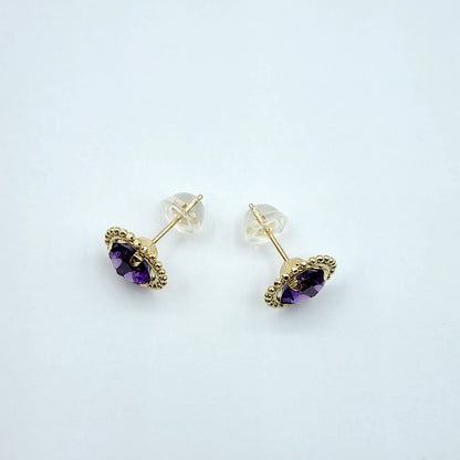 Gold Amethyst Earrings | 10K Yellow Gold Milgrain Design Genuine Amethyst 6x6mm Stud Earrings | Genuine Amethyst Earrings for Women
